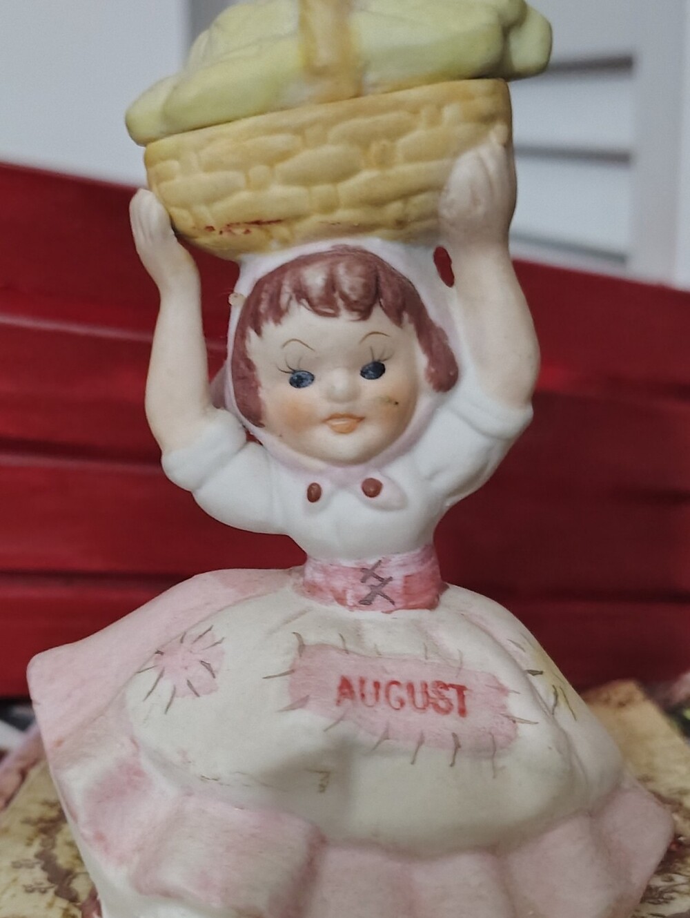 Vintage Lefton August Figurine Pink Cream Girl with Basket